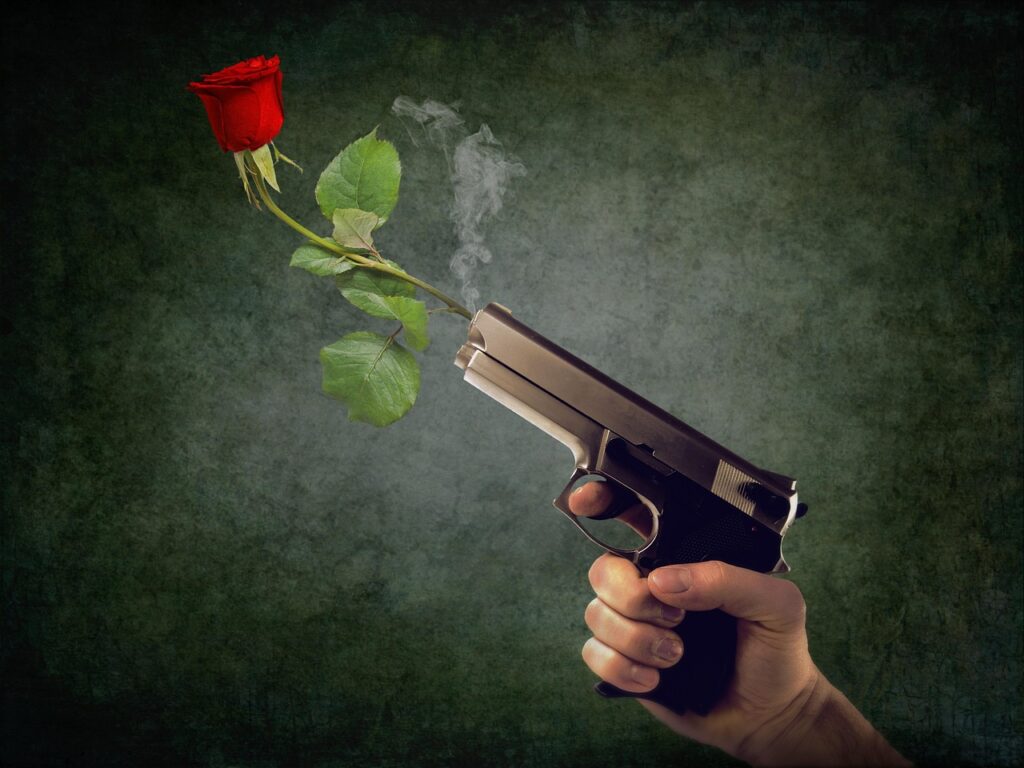 peaceful, non-violent, rose, rose flower, hand, weapon, firearm, pistol, shoot, terrible shot